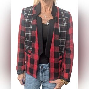 April May Plaid Buffalo Check Wool Blend Jacket Open Front Blazer Coat M